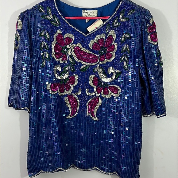 Vintage Elegance by Anujan Silk Floral Sequins Beaded Embellished Top, medium - Picture 1 of 5
